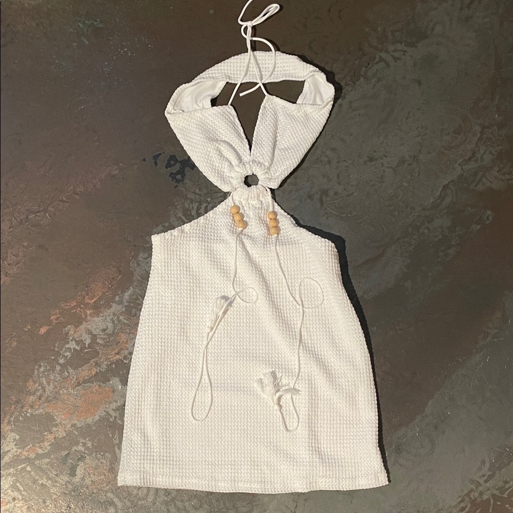 White Halter Neck Dress with Wooden Beads swimsuit cover up
